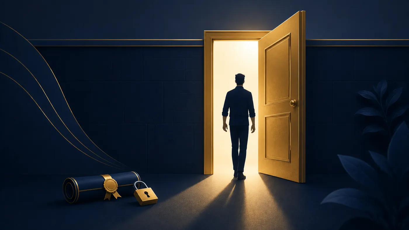 Ilustração de porta dourada aberta com luz, e um diploma com cadeado deixado para trás, mostrando que atuar com NR-1 não exige diploma específico