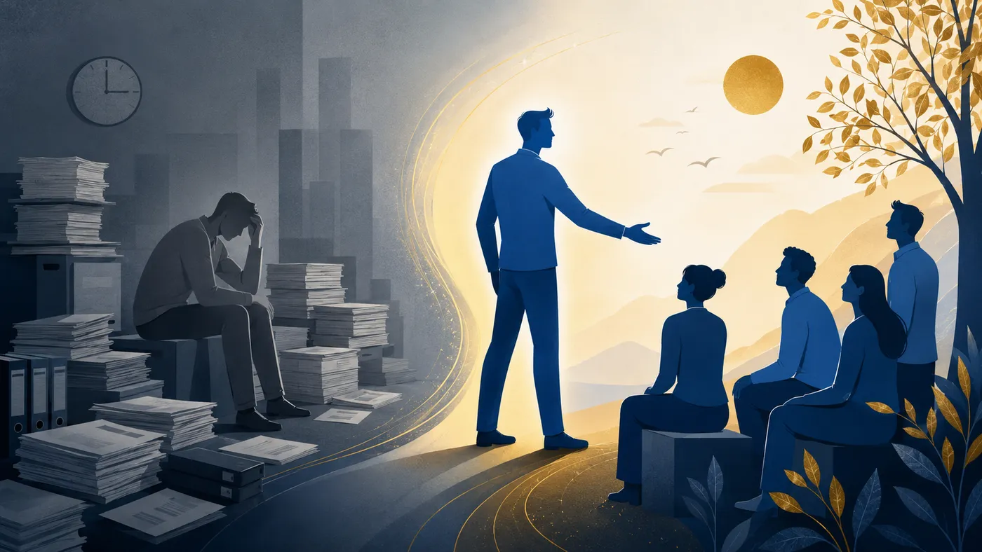 Ilustração de transição de carreira: de um escritório cinzento e sobrecarregado para um caminho iluminado ajudando pessoas, representando a virada do Gestor de NR1
