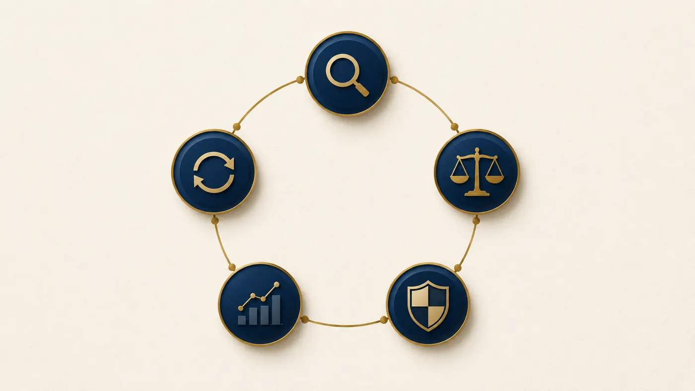 Diagrama do ciclo contínuo do GRO: identificar perigos, avaliar riscos, proteger, monitorar indicadores e revisar