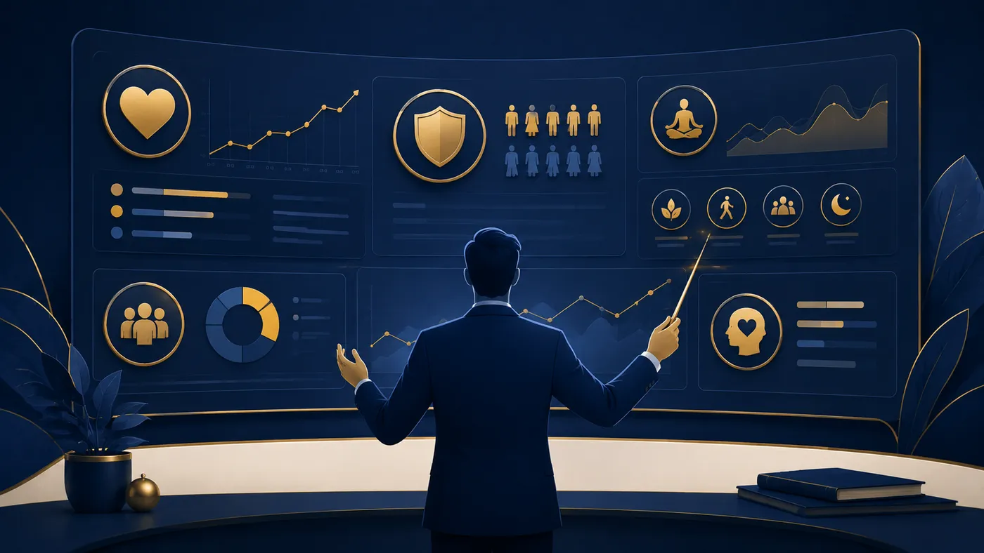 Ilustração de um gestor diante de um painel com indicadores de bem-estar e saúde mental da equipe, representando o trabalho do Gestor de NR1