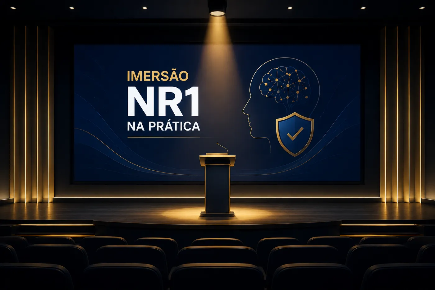 Auditório com palco iluminado e telão exibindo Imersão NR1 na Prática, representando o evento da Izabella Camargo