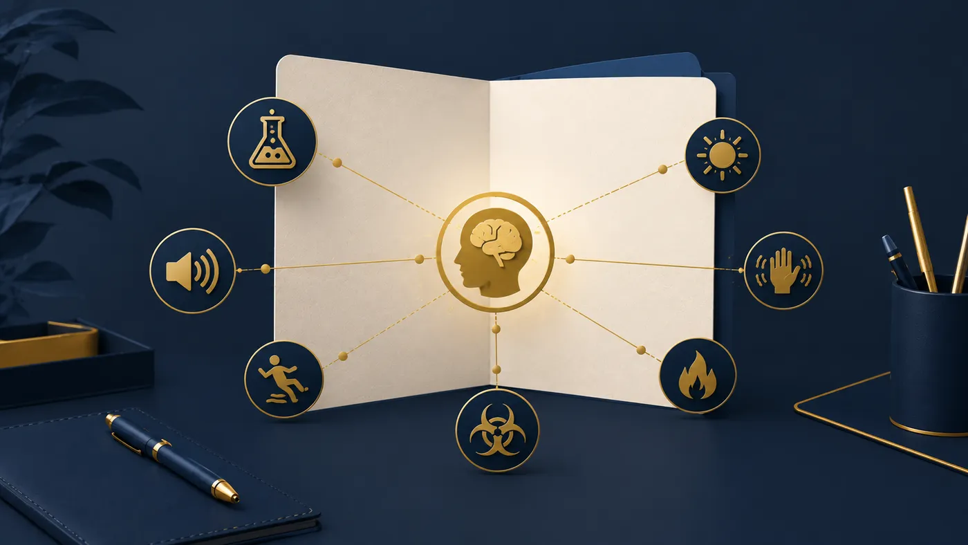 Ilustração do PGR como documento central conectado aos riscos ocupacionais: químico, físico, biológico, de acidentes e psicossocial (mente em destaque)