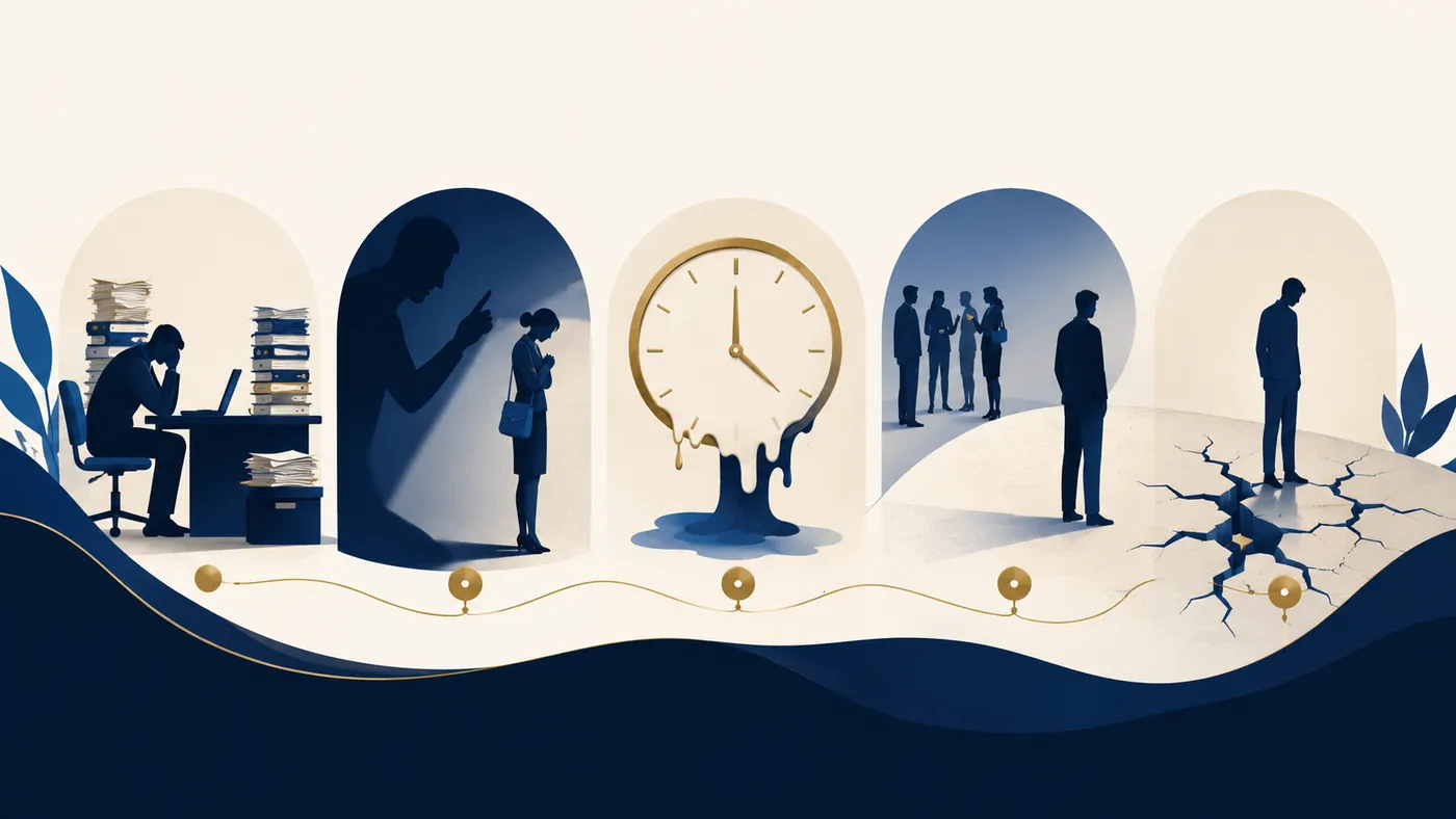 Ilustração das cinco categorias de riscos psicossociais no trabalho: sobrecarga, assédio, jornada excessiva, isolamento e insegurança no emprego